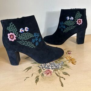 Nanette Lepore Beverly Black Suede Embroidered Floral Ankle Boots